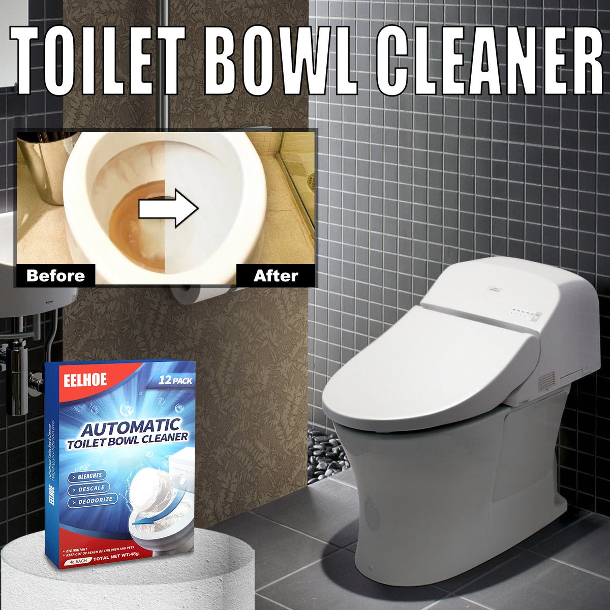 Toilet Bowl Cleaner Tablets, 12-Pack Automatic Toilet Cleaning Pods, Removes Limescale Stains Odor & Freshens Bathroom