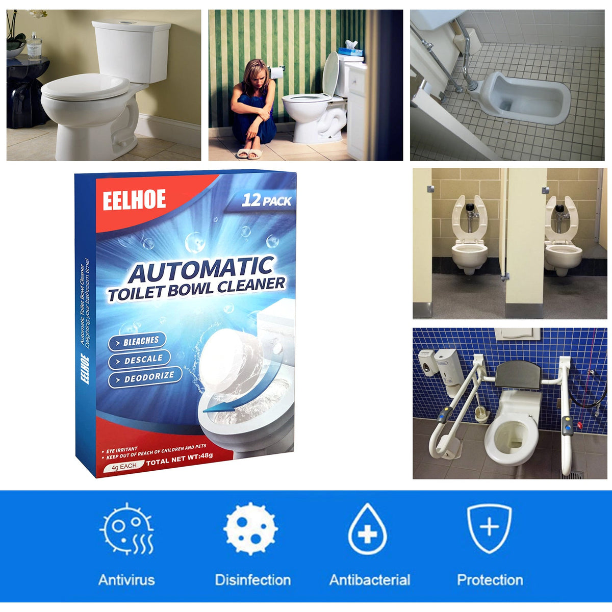 Toilet Bowl Cleaner Tablets, 12-Pack Automatic Toilet Cleaning Pods, Removes Limescale Stains Odor & Freshens Bathroom