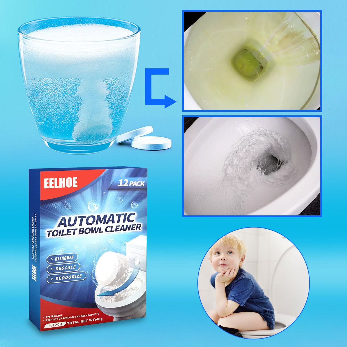 Toilet Bowl Cleaner Tablets, 12-Pack Automatic Toilet Cleaning Pods, Removes Limescale Stains Odor & Freshens Bathroom