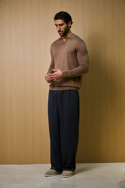 Rivoli Knitted Longsleeve Polo – Taupe