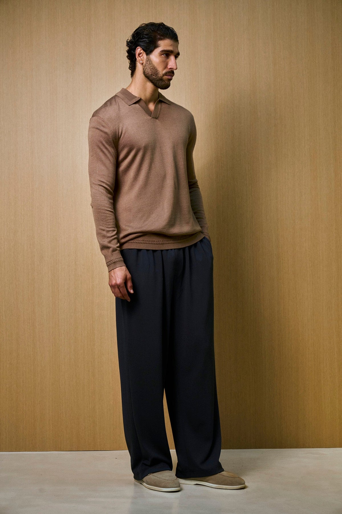 Rivoli Knitted Longsleeve Polo – Taupe