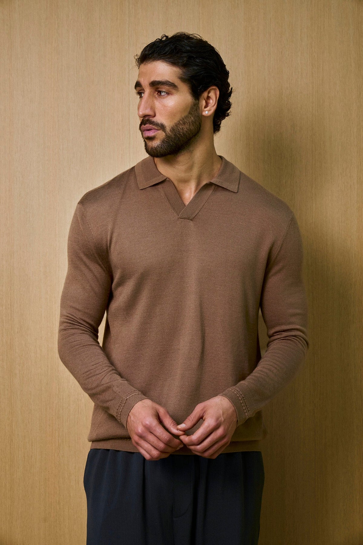 Rivoli Knitted Longsleeve Polo – Taupe