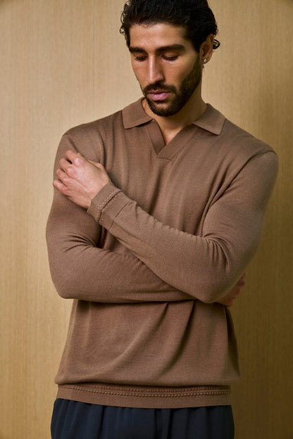 Rivoli Knitted Longsleeve Polo – Taupe