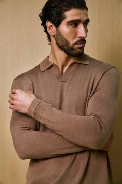 Rivoli Knitted Longsleeve Polo – Taupe
