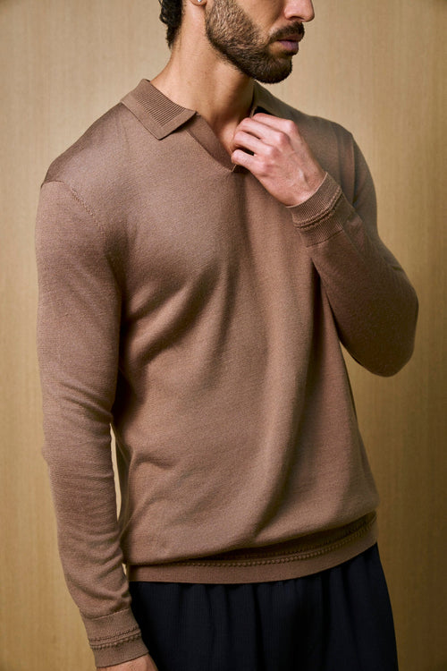 Rivoli Knitted Longsleeve Polo – Taupe