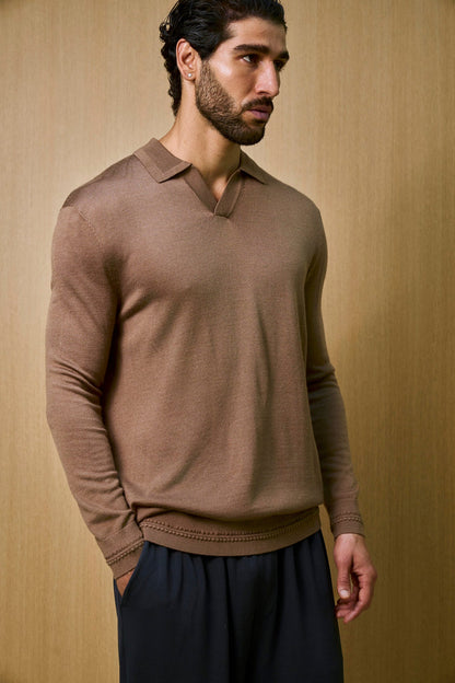 Rivoli Knitted Longsleeve Polo – Taupe