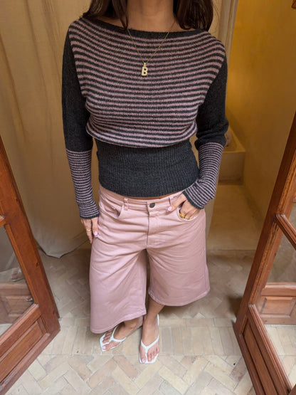 Margo fitted striped knit sweater – Grey/pink